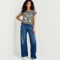 Acdc Off The Shoulder Tee Womens Juniors Crew Neck Short Sleeve Regular Fit AC/DC Graphic T-Shirt
