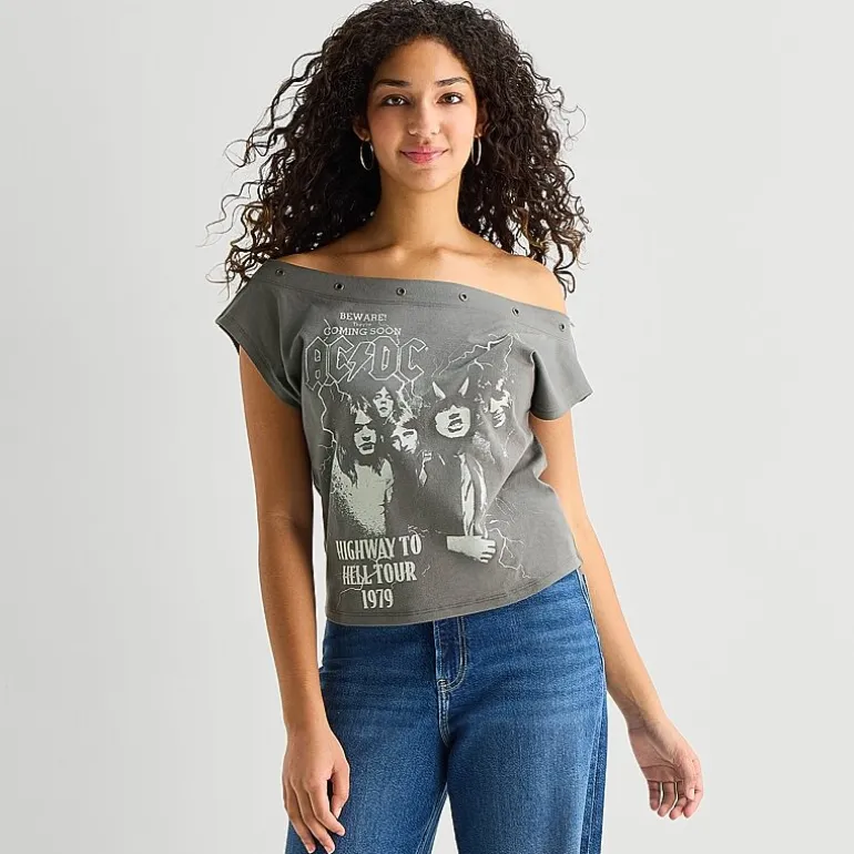 Acdc Off The Shoulder Tee Womens Juniors Crew Neck Short Sleeve Regular Fit AC/DC Graphic T-Shirt