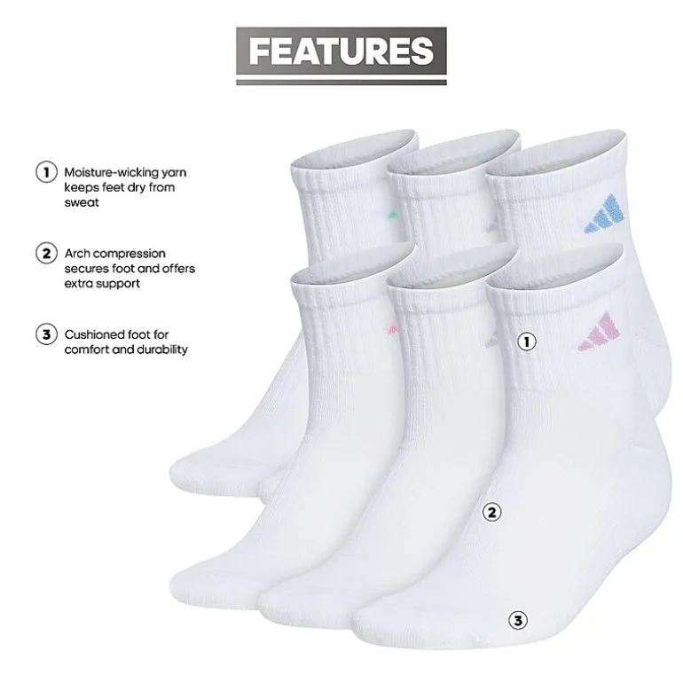 adidas Cushioned Womens 6 Pair Quarter Ankle Socks