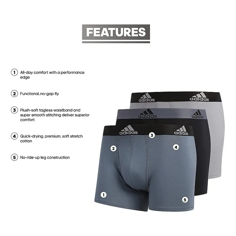 adidas Performance Cotton Mens 3 Pack Multi-Pack Comfort Waistband Stretch Fabric Trunks 5152382a
