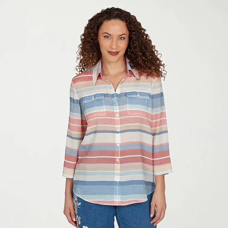 Alfred Dunner Camden Market Womens Cuffed 3/4 Sleeve Regular Fit Button-Down Shirt