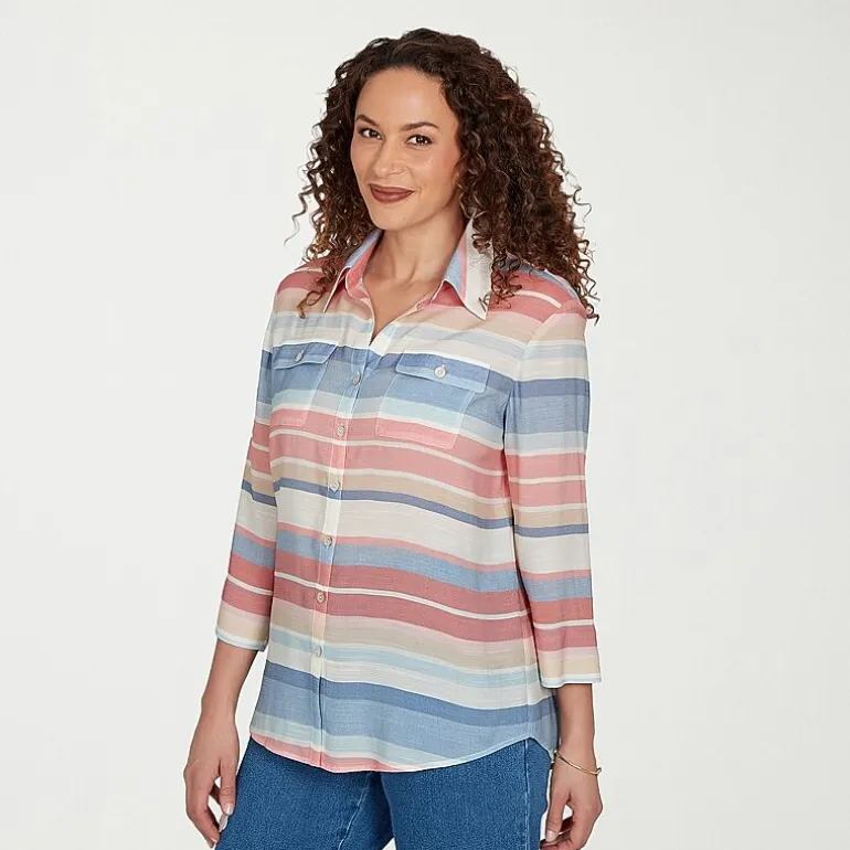 Alfred Dunner Camden Market Womens Cuffed 3/4 Sleeve Regular Fit Button-Down Shirt