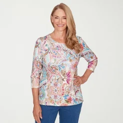 Alfred Dunner Classics Womens Crew Neck 3/4 Sleeve T-Shirt