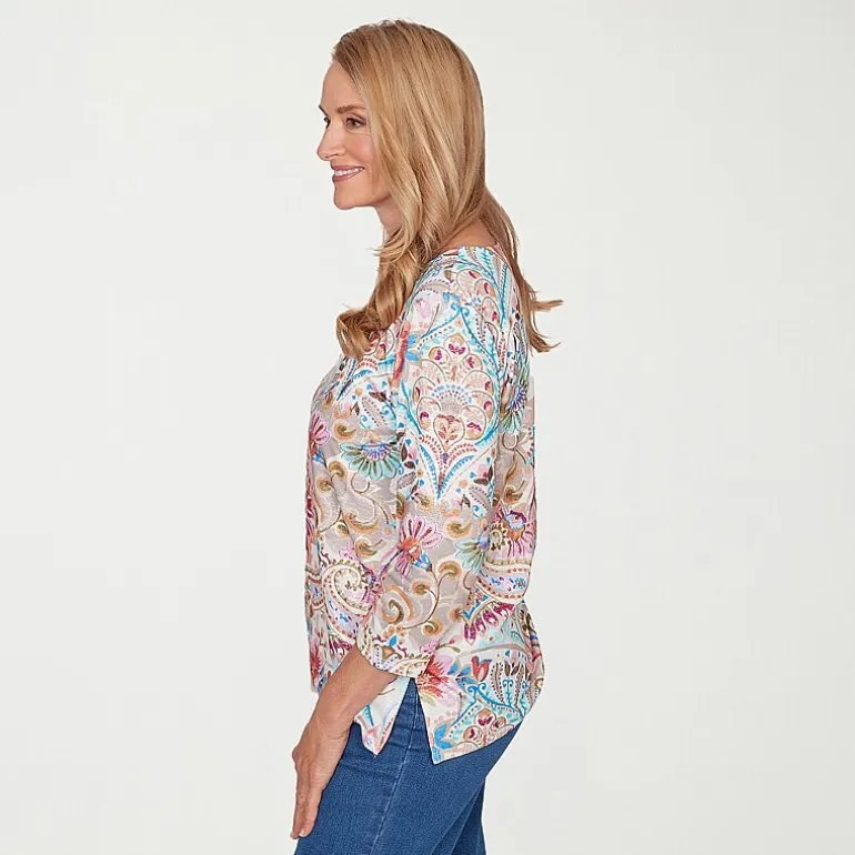 Alfred Dunner Classics Womens Crew Neck 3/4 Sleeve T-Shirt