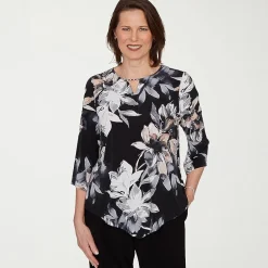Alfred Dunner Classics Womens Split Crew Neck 3/4 Sleeve T-Shirt