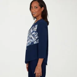 Alfred Dunner Classics Womens Split Crew Neck 3/4 Sleeve T-Shirt