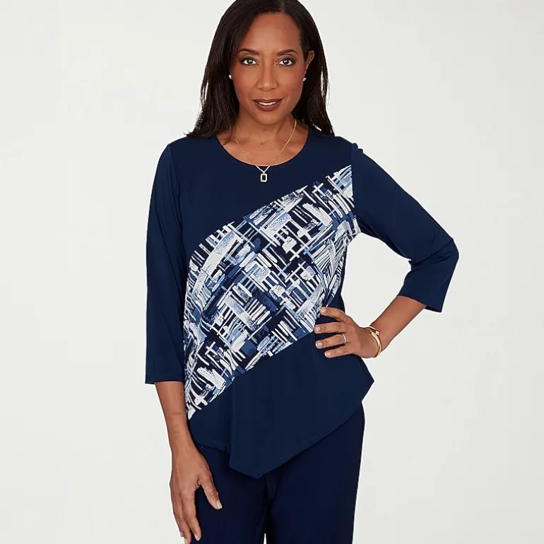 Alfred Dunner Classics Womens Split Crew Neck 3/4 Sleeve T-Shirt