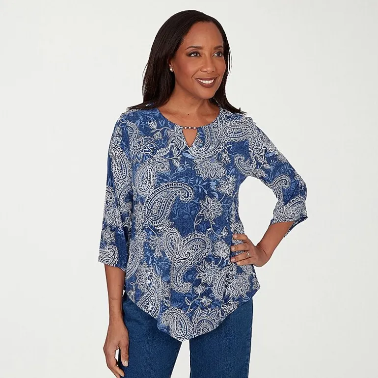 Alfred Dunner Classics Womens Split Crew Neck 3/4 Sleeve T-Shirt