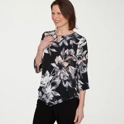 Alfred Dunner Classics Womens Split Crew Neck 3/4 Sleeve T-Shirt