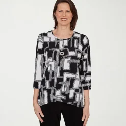 Alfred Dunner Classics Womens Split Crew Neck 3/4 Sleeve T-Shirt