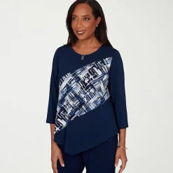 Alfred Dunner Classics Womens Split Crew Neck 3/4 Sleeve T-Shirt