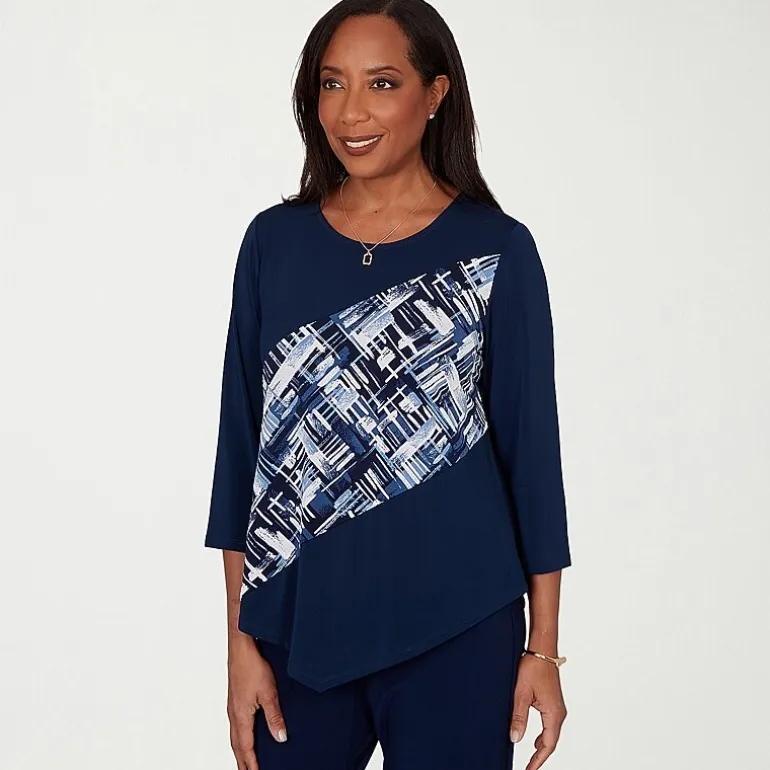 Alfred Dunner Classics Womens Split Crew Neck 3/4 Sleeve T-Shirt
