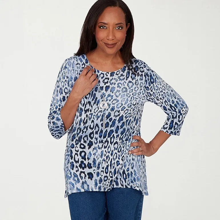 Alfred Dunner Classics Womens Split Crew Neck 3/4 Sleeve T-Shirt