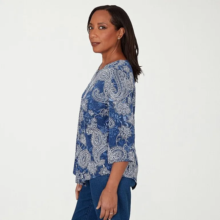 Alfred Dunner Classics Womens Split Crew Neck 3/4 Sleeve T-Shirt