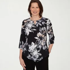 Alfred Dunner Classics Womens Split Crew Neck 3/4 Sleeve T-Shirt