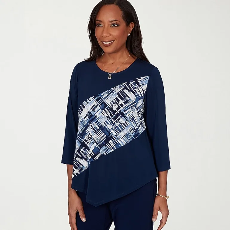 Alfred Dunner Classics Womens Split Crew Neck 3/4 Sleeve T-Shirt
