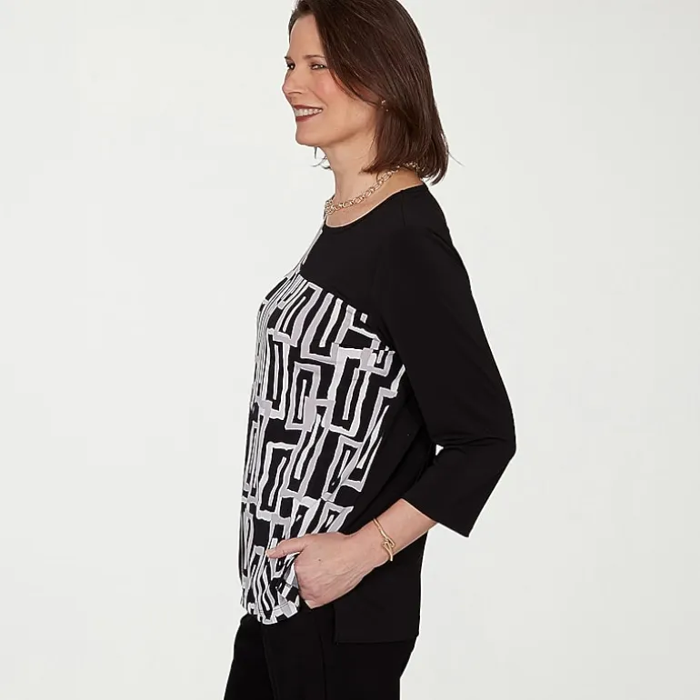 Alfred Dunner Classics Womens Split Crew Neck 3/4 Sleeve T-Shirt