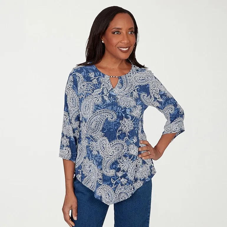 Alfred Dunner Classics Womens Split Crew Neck 3/4 Sleeve T-Shirt