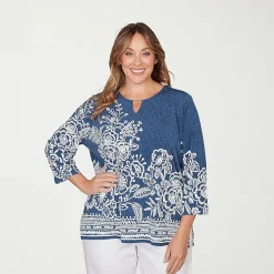 Alfred Dunner Classics Womens Plus Crew Neck 3/4 Sleeve T-Shirt