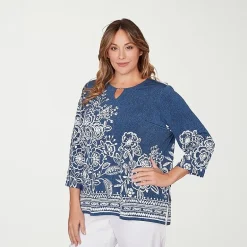 Alfred Dunner Classics Womens Plus Crew Neck 3/4 Sleeve T-Shirt