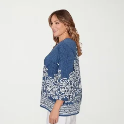 Alfred Dunner Classics Womens Plus Crew Neck 3/4 Sleeve T-Shirt