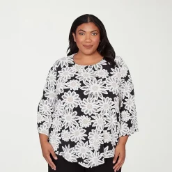 Alfred Dunner Classics Womens Plus Crew Neck 3/4 Sleeve T-Shirt