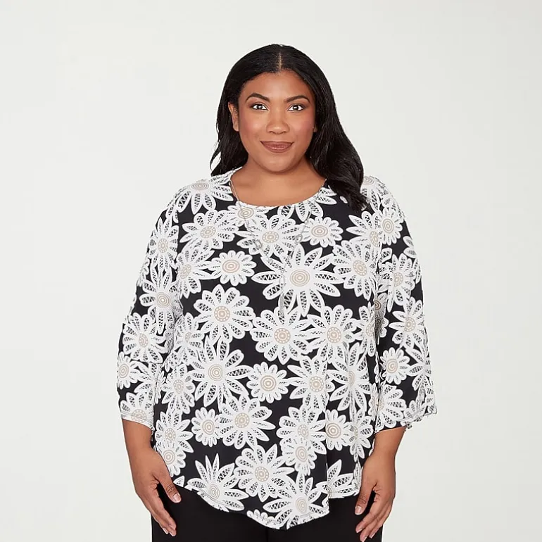Alfred Dunner Classics Womens Plus Crew Neck 3/4 Sleeve T-Shirt