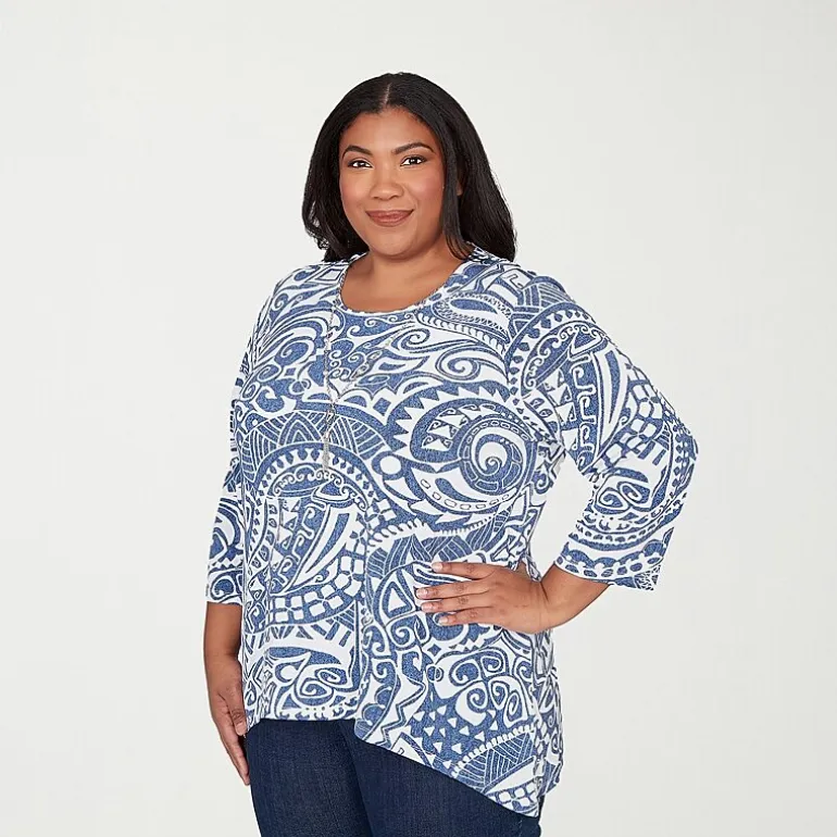 Alfred Dunner Classics Womens Plus Crew Neck 3/4 Sleeve T-Shirt
