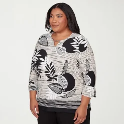 Alfred Dunner Classics Womens Plus Crew Neck 3/4 Sleeve T-Shirt