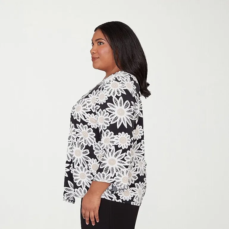 Alfred Dunner Classics Womens Plus Crew Neck 3/4 Sleeve T-Shirt
