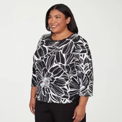 Alfred Dunner Classics Womens Plus Crew Neck 3/4 Sleeve T-Shirt