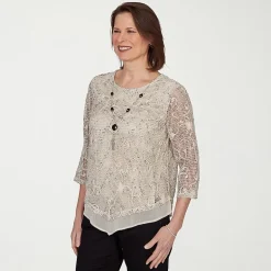 Alfred Dunner Detail Driven Womens Crew Neck 3/4 Sleeve T-Shirt