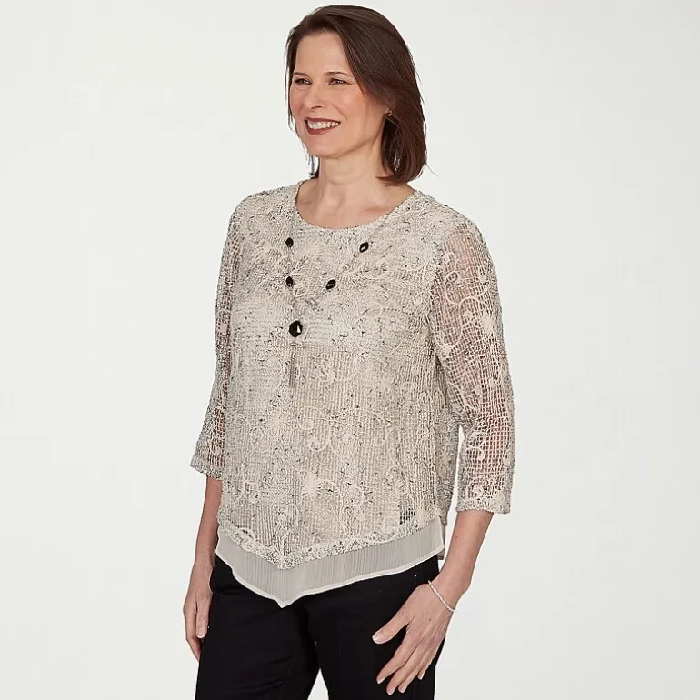 Alfred Dunner Detail Driven Womens Crew Neck 3/4 Sleeve T-Shirt