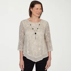 Alfred Dunner Detail Driven Womens Crew Neck 3/4 Sleeve T-Shirt