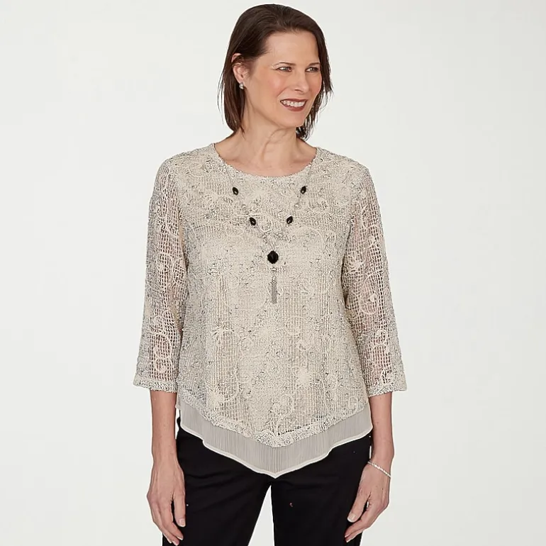 Alfred Dunner Detail Driven Womens Crew Neck 3/4 Sleeve T-Shirt
