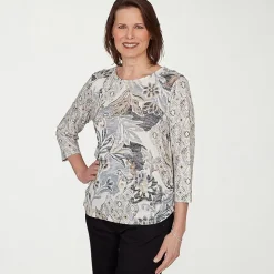 Alfred Dunner Womens Crew Neck 3/4 Sleeve T-Shirt