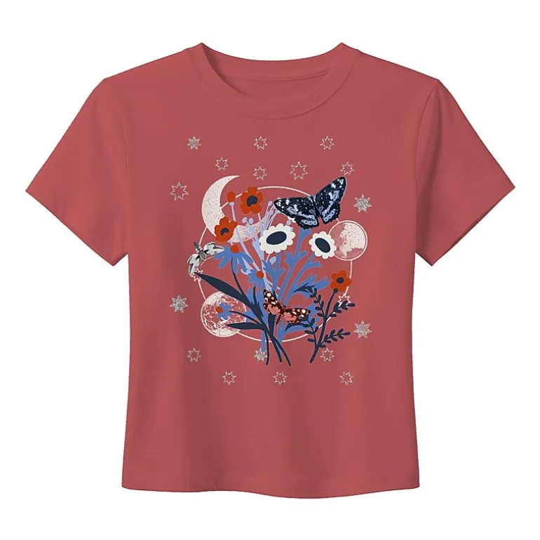 Americana Butterfly Baby Tee Womens Juniors Crew Neck Short Sleeve Fitted Graphic T-Shirt