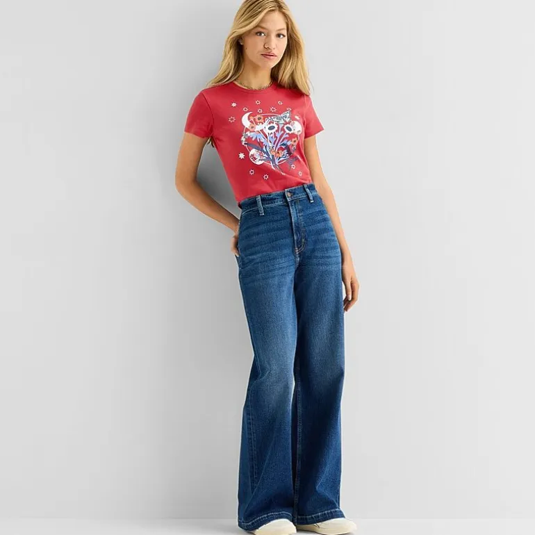 Americana Butterfly Baby Tee Womens Juniors Crew Neck Short Sleeve Fitted Graphic T-Shirt