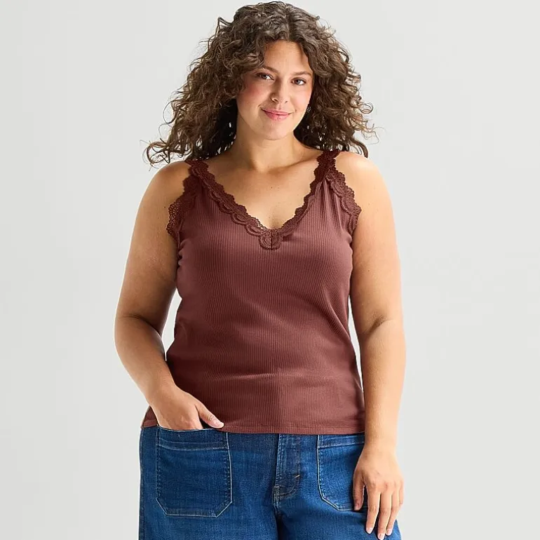 a.n.a Lace Trim Womens Plus V Neck Sleeveless Tank Top