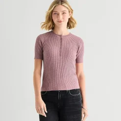 a.n.a Womens Henley Neck Short Sleeve Pullover Sweater