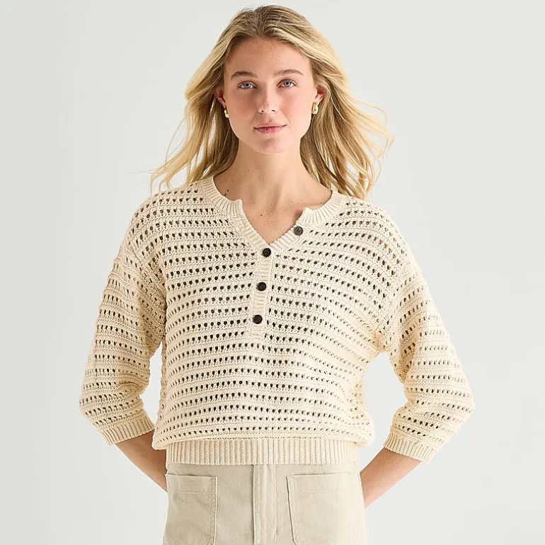 a.n.a Womens Henley Neck 3/4 Sleeve Pullover Sweater