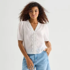 a.n.a Womens V Neck Short Sleeve Lace Blouse