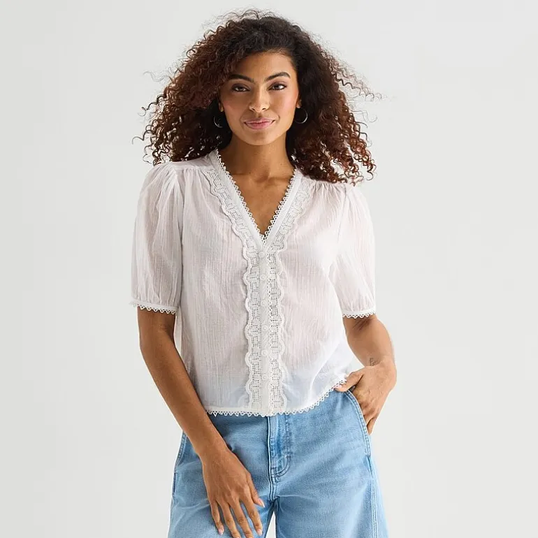 a.n.a Womens V Neck Short Sleeve Lace Blouse