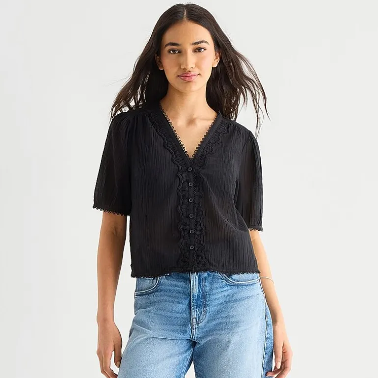 a.n.a Womens V Neck Short Sleeve Lace Blouse