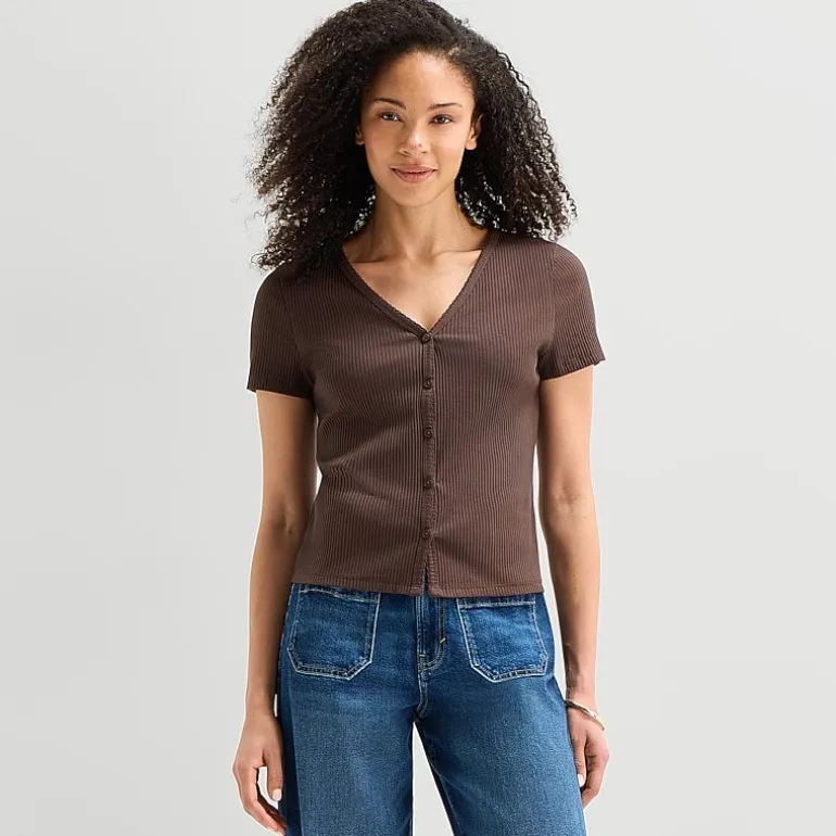 a.n.a Womens V Neck Short Sleeve Button Cardigan