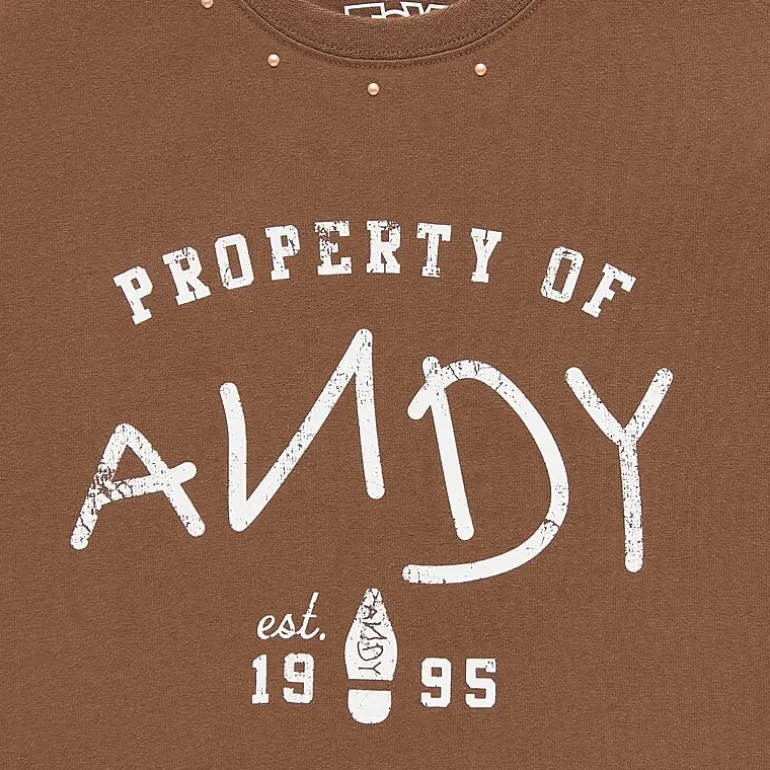 Andy Studded Baby Tee Womens Juniors Crew Neck Short Sleeve Regular Fit Toy Story Graphic T-Shirt