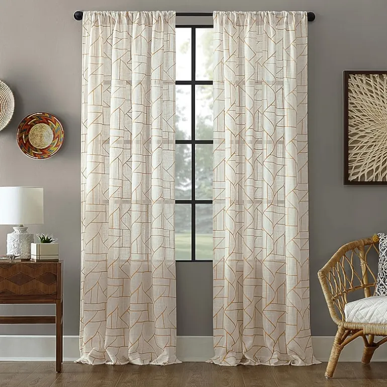Archaeo Jigsaw Embroidery Linen Blend Rod Pocket Sheer Single Curtain Panel