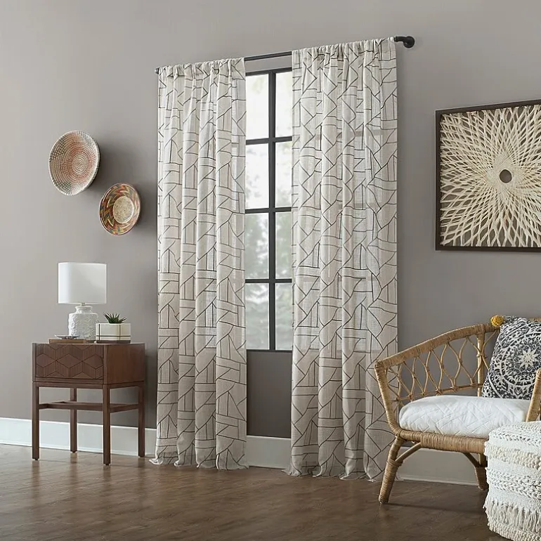 Archaeo Jigsaw Embroidery Linen Blend Rod Pocket Sheer Single Curtain Panel