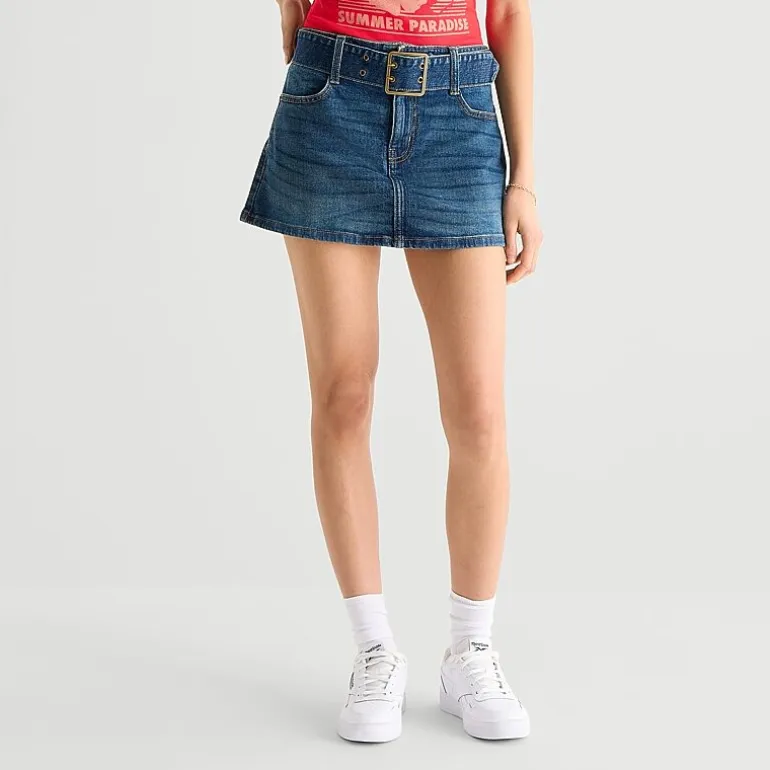 Arizona Belted Womens Juniors Low Rise Mini Denim Skirt