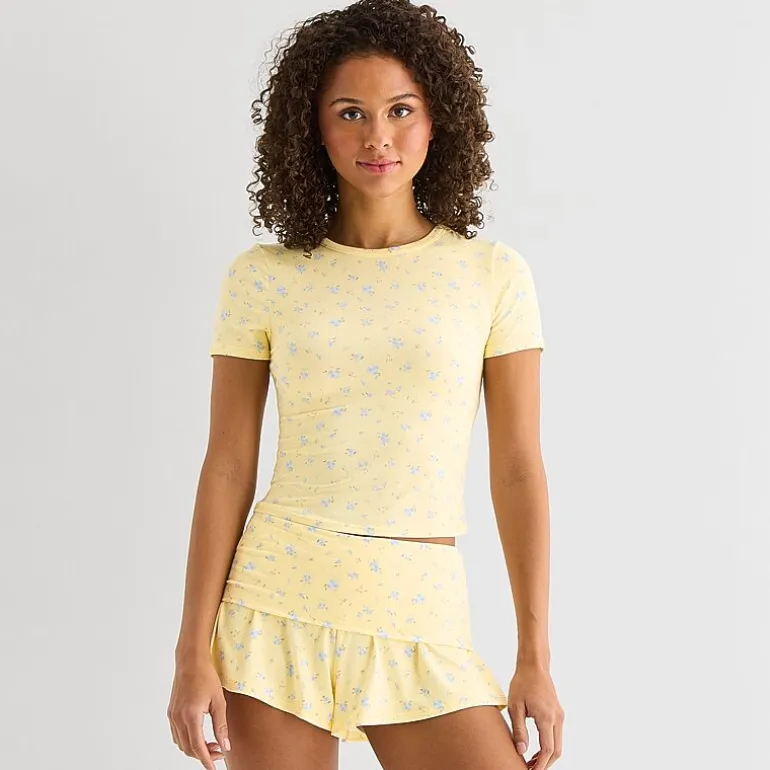 Arizona Body Cloud Kissed Womens Round Neck Short Sleeve Juniors Pajama Top
